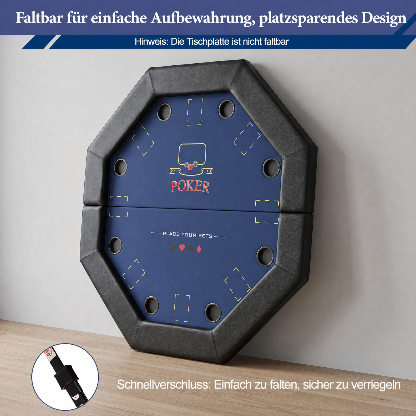 Hyner Pokertisch 122cm, 8 Spieler Achteckig Klappbar Becherhalter Armlehnen Beine faltbar, stabiles Metallgestell, glatte Oberfläche, leicht zu reinigen, platzsparend verstaubar, ideal für Familie