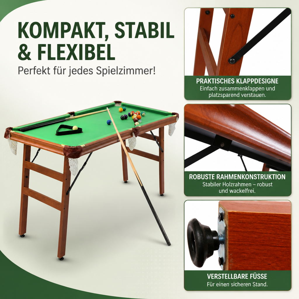 Hyner Klappbarer Billardtisch 140cm, Snooker Tisch mit Zubehör Sofort einsatzbereit, mühelos verschiebbar, robuste Holzwerkstoffe, platzsparendes Design, ideal für Familie