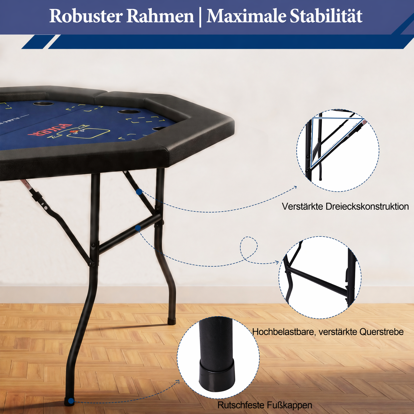Hyner Pokertisch 122cm, 8 Spieler Achteckig Klappbar Becherhalter Armlehnen Beine faltbar, stabiles Metallgestell, glatte Oberfläche, leicht zu reinigen, platzsparend verstaubar, ideal für Familie
