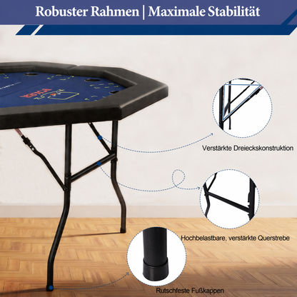 Hyner Achteckiger Pokertisch 122cm für 8 Spieler – Klappbar mit Becherhaltern & Armlehnen
