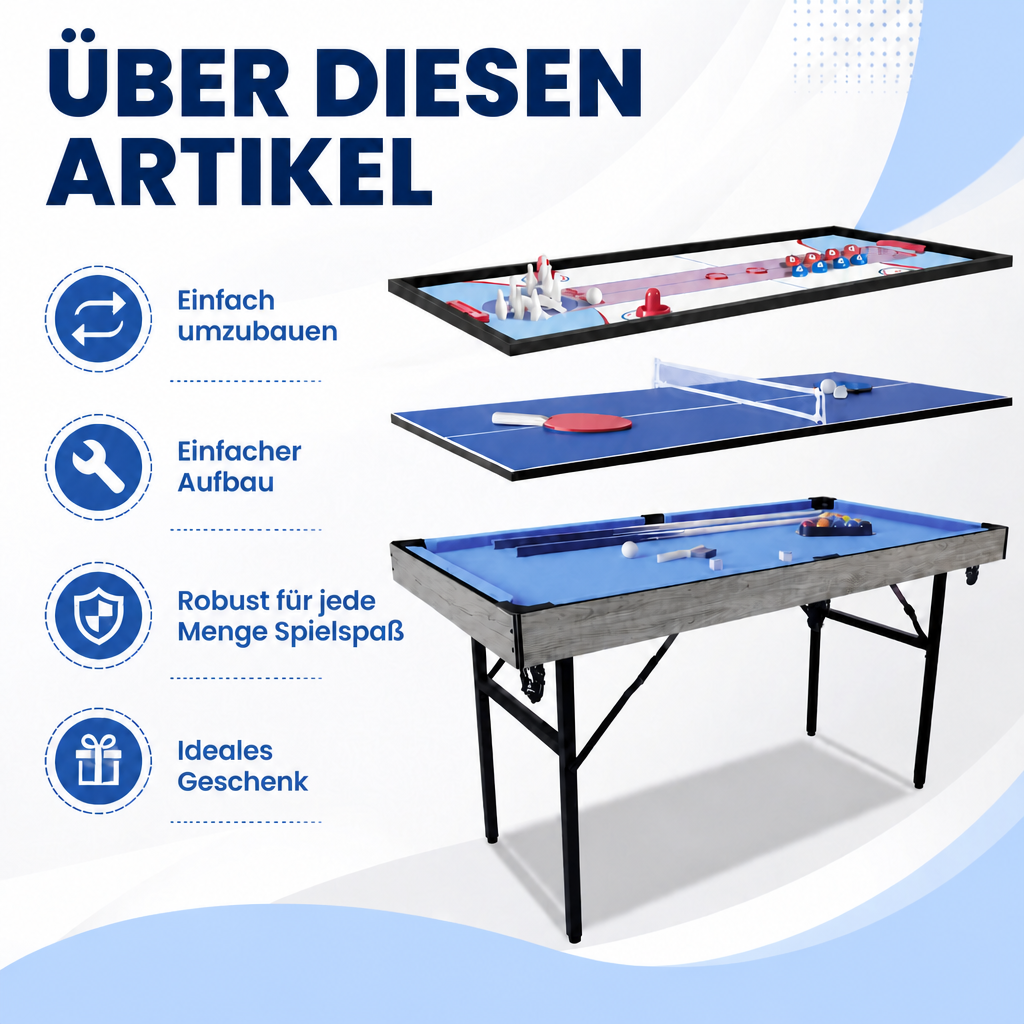 Hyner Multifunktions-Spieltisch 5 in 1 Klappbar mit Komplett-Zubehör, Multi-Game Tisch Billard, Tischtennis, Air Hockey, Bowling & Shuffleboard, Platzsparender Indoor Spieltisch für Wohnzimmer