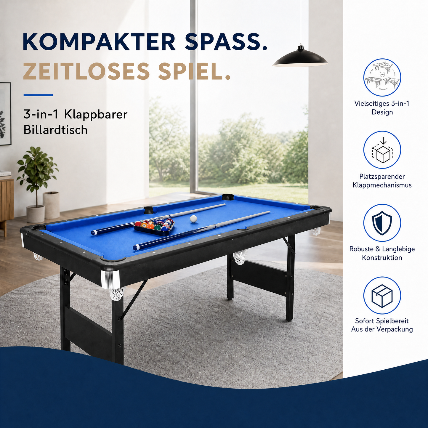 Hyner Billardtisch Klappbar, Pool Billardtisch, Snooker, Multifunktionstisch Spieltisch mit Zubehör, Geeignet für Zuhause.