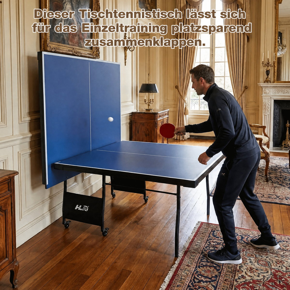 Hyner Tischtennisplatte Turniermaß 275cm – Klappbar mit Rollen & Solo-Trainingsmodus – Blau