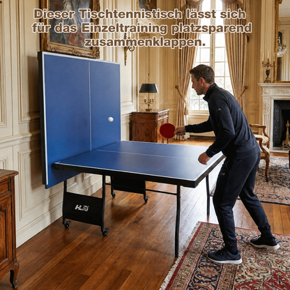 Hyner Tischtennisplatte Turniermaß 275cm – Klappbar mit Rollen & Solo-Trainingsmodus – Blau