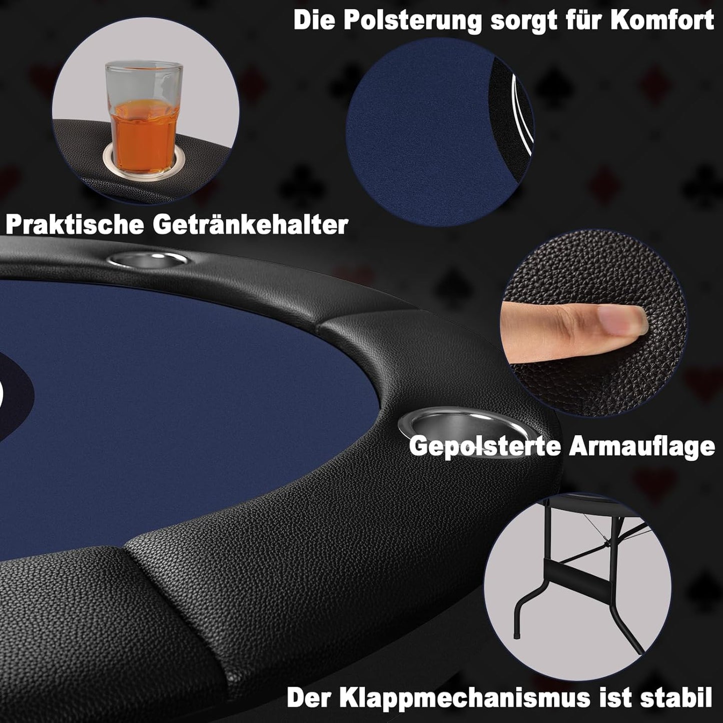 Hyner Pokertisch 182cm Klappbar, 8 Personen Poker Tisch mit Becherhalter Komfortable Armlehnen, stabiler Stahlrahmen, platzsparend verstaubar, keine Montage nötig, ideal für Pokerabende