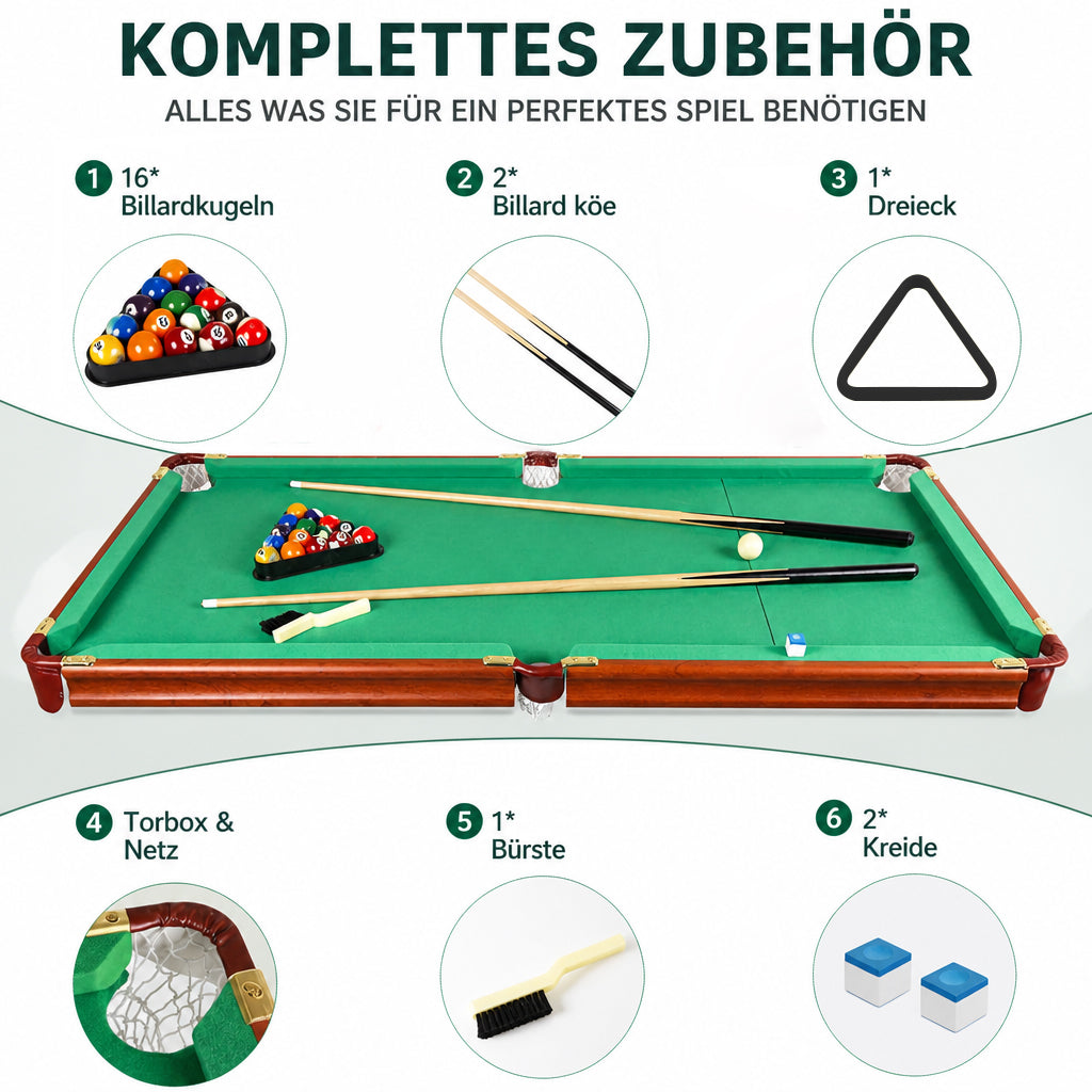Hyner Klappbarer Billardtisch 140cm, Snooker Tisch mit Zubehör Sofort einsatzbereit, mühelos verschiebbar, robuste Holzwerkstoffe, platzsparendes Design, ideal für Familie