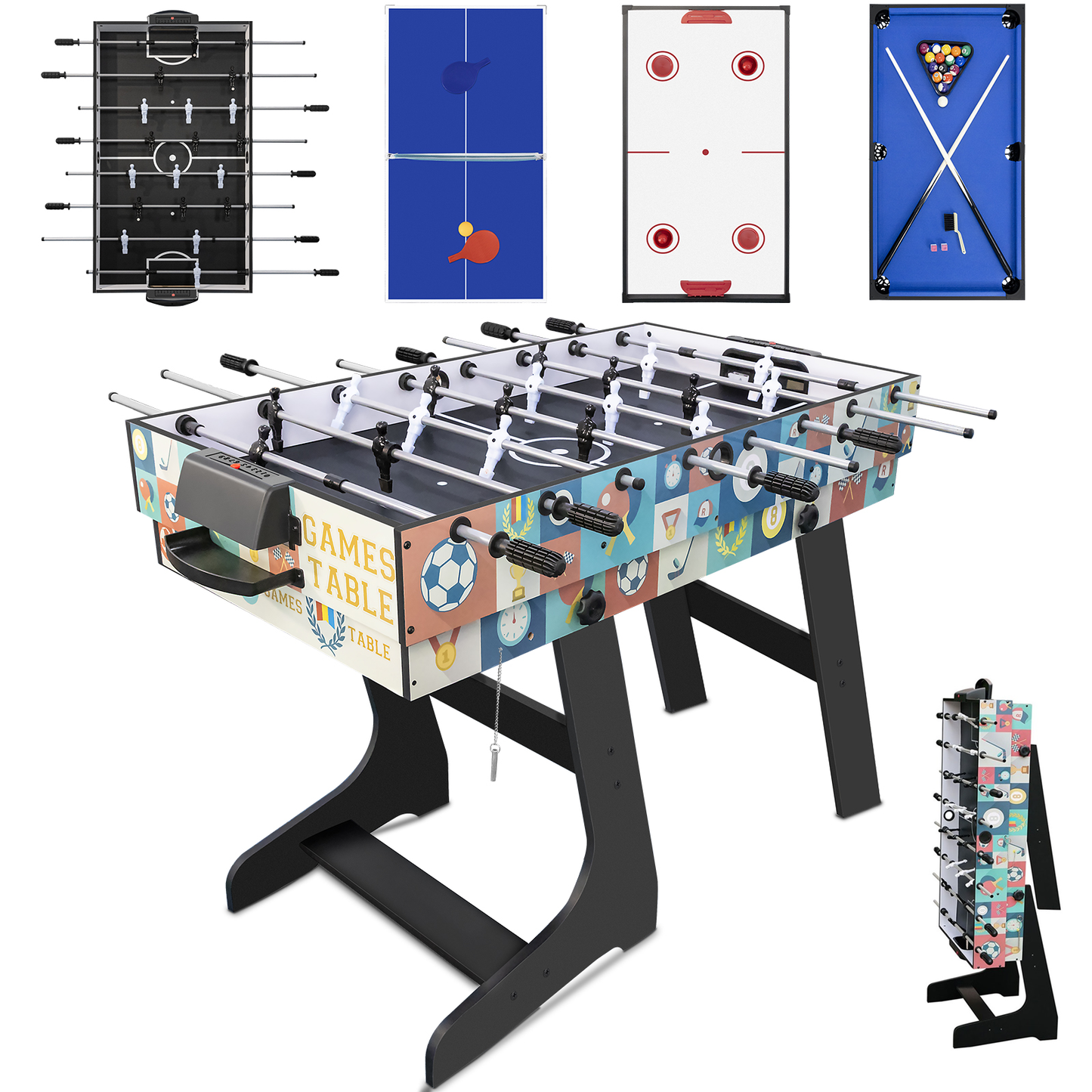 Hyner 4 in 1 121cm Billard Tischfußball Air Hockey Tischtennis mit Zubehör Multifunktionale Spieltische, Zusammenklappbarer Tisch, Plattenwechsel, robustes Holz, platzsparend, ideale Familie
