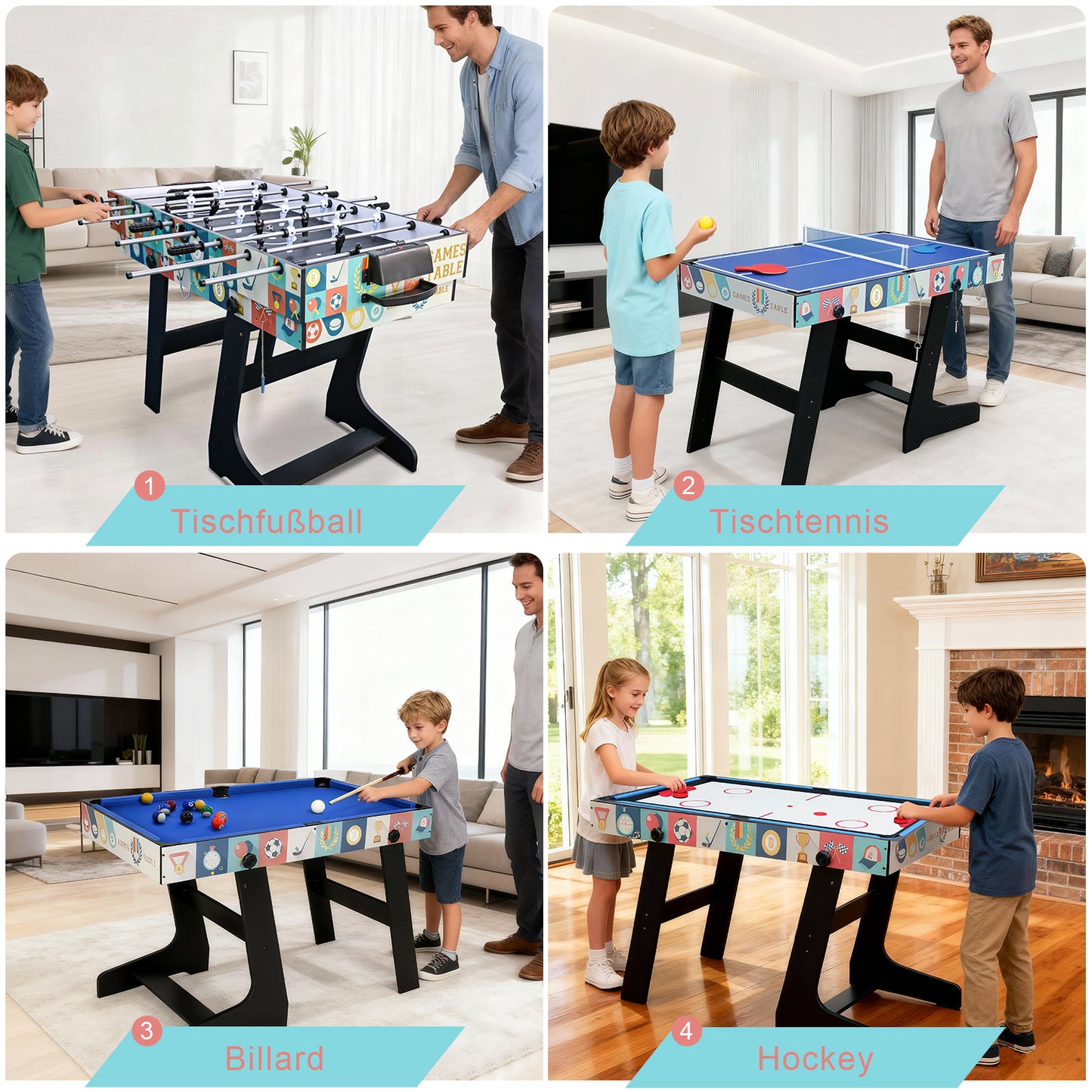 Hyner 4 in 1 121cm Billard Tischfußball Air Hockey Tischtennis mit Zubehör Multifunktionale Spieltische, Zusammenklappbarer Tisch, Plattenwechsel, robustes Holz, platzsparend, ideale Familie