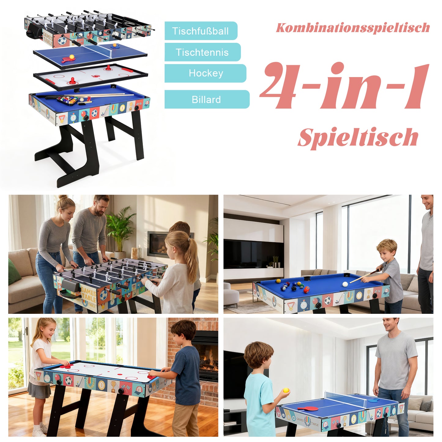 Hyner 4 in 1 121cm Billard Tischfußball Air Hockey Tischtennis mit Zubehör Multifunktionale Spieltische, Zusammenklappbarer Tisch, Plattenwechsel, robustes Holz, platzsparend, ideale Familie