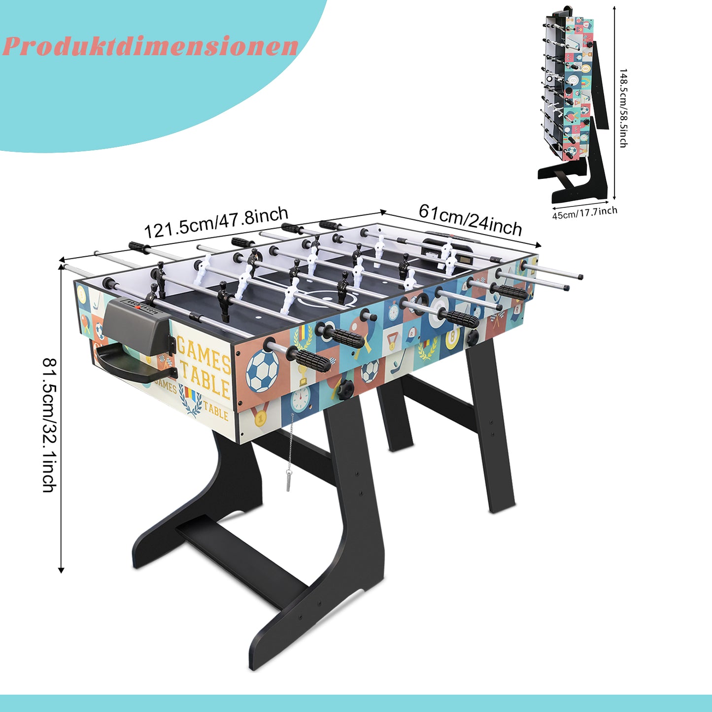 Hyner 4 in 1 121cm Billard Tischfußball Air Hockey Tischtennis mit Zubehör Multifunktionale Spieltische, Zusammenklappbarer Tisch, Plattenwechsel, robustes Holz, platzsparend, ideale Familie