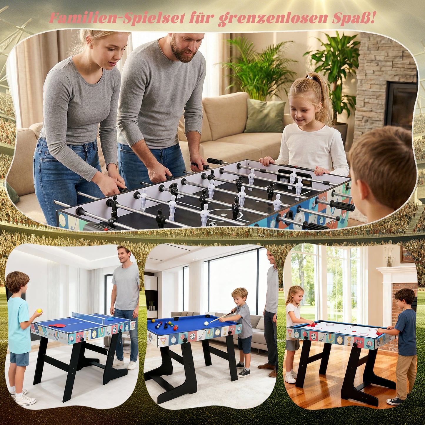 Hyner 4 in 1 121cm Billard Tischfußball Air Hockey Tischtennis mit Zubehör Multifunktionale Spieltische, Zusammenklappbarer Tisch, Plattenwechsel, robustes Holz, platzsparend, ideale Familie