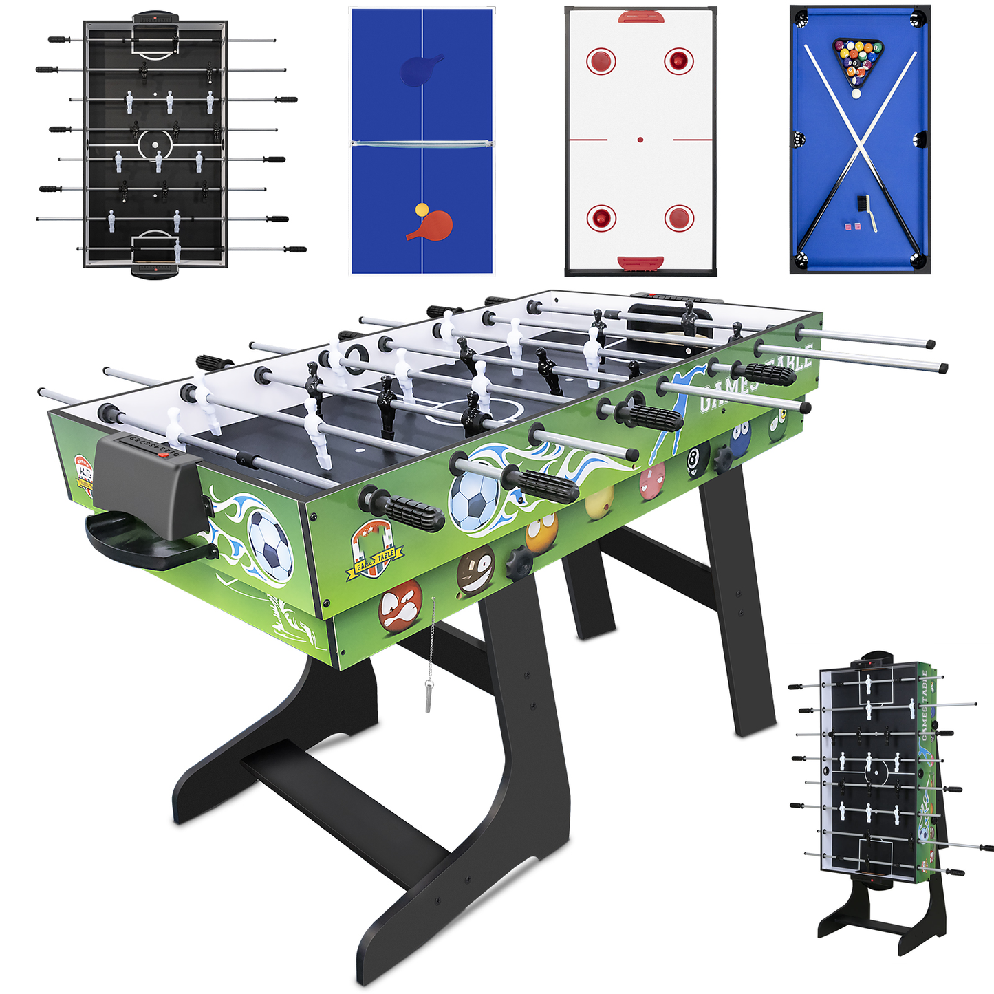 Hyner 4 in 1 121cm Billard Tischfußball Air Hockey Tischtennis mit Zubehör Multifunktionale Spieltische, Zusammenklappbarer Tisch, Plattenwechsel, robustes Holz, platzsparend, ideale Familie