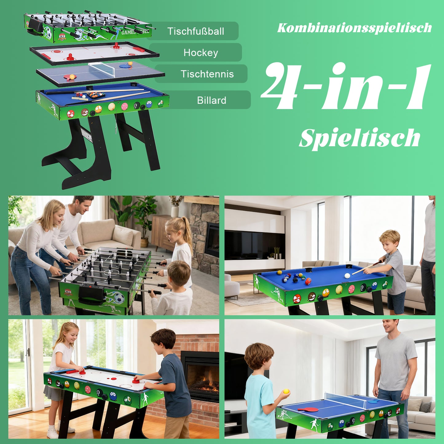 Hyner 4 in 1 121cm Billard Tischfußball Air Hockey Tischtennis mit Zubehör Multifunktionale Spieltische, Zusammenklappbarer Tisch, Plattenwechsel, robustes Holz, platzsparend, ideale Familie