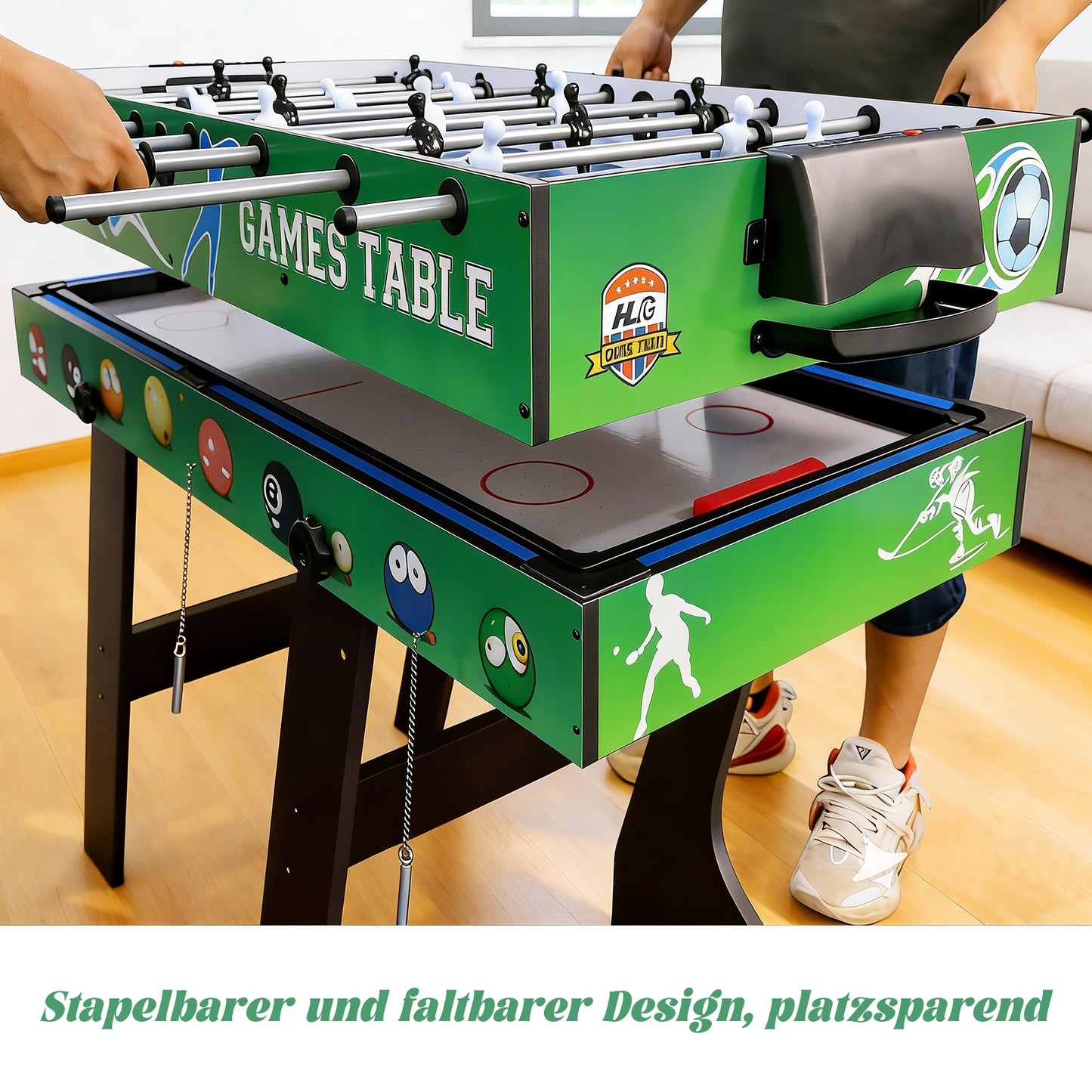 Hyner 4 in 1 121cm Billard Tischfußball Air Hockey Tischtennis mit Zubehör Multifunktionale Spieltische, Zusammenklappbarer Tisch, Plattenwechsel, robustes Holz, platzsparend, ideale Familie