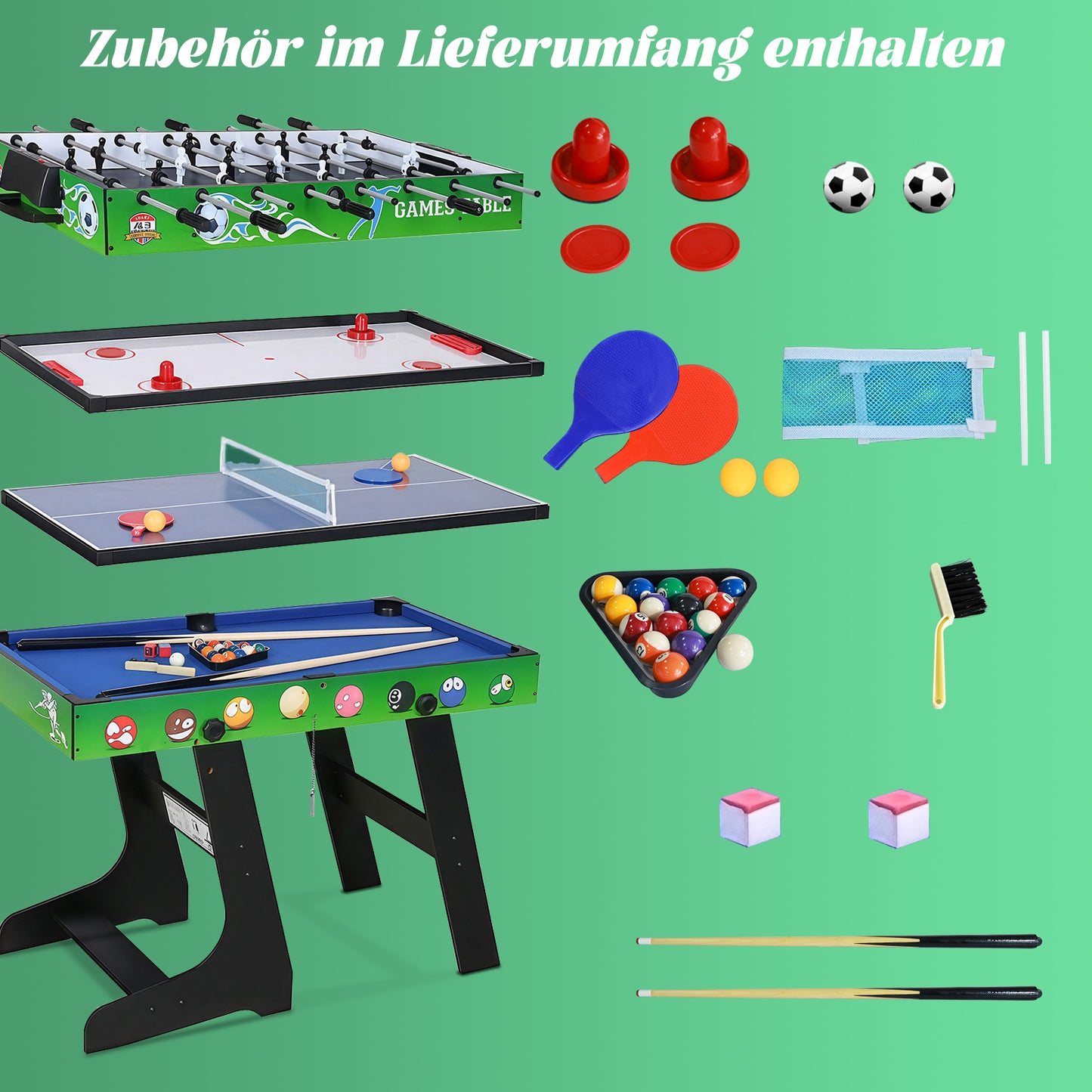 Hyner 4 in 1 121cm Billard Tischfußball Air Hockey Tischtennis mit Zubehör Multifunktionale Spieltische, Zusammenklappbarer Tisch, Plattenwechsel, robustes Holz, platzsparend, ideale Familie