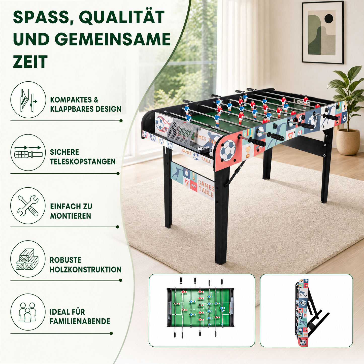 Hyner Tischfußball 121cm Klappbar, Kickertisch mit Teleskopstangen, Indoor Robuste Holzwerkstoffe, einfache Montage, flüssige Spielzüge, platzsparendes Design, ideal für Familie & Erwachsene
