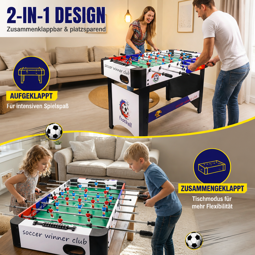 Hyner Tischfußball 121cm mit & ohne Beine, Kickertisch für Boden & Tisch Robuste Holzwerkstoffe, flüssige Spielzüge, einfache Montage, kompaktes Design, ideal für Familie & Erwachsene