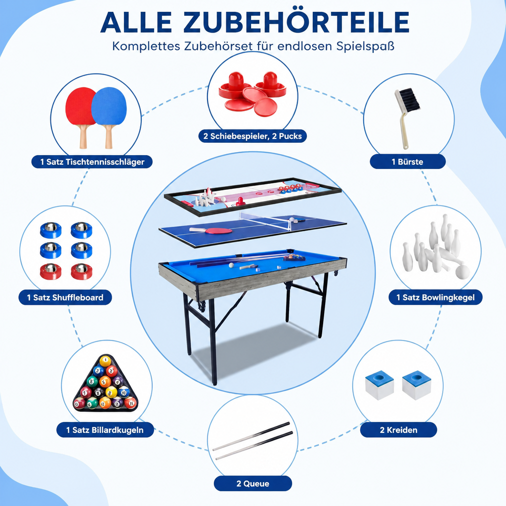 Hyner Multifunktions-Spieltisch 5 in 1 Klappbar mit Komplett-Zubehör, Multi-Game Tisch Billard, Tischtennis, Air Hockey, Bowling & Shuffleboard, Platzsparender Indoor Spieltisch für Wohnzimmer