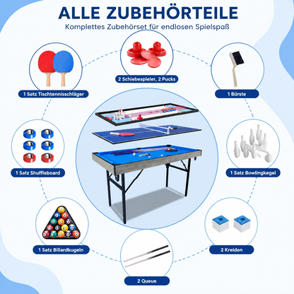 Mesa de juegos plegable 5 en 1 Hyner: billar, tenis de mesa, air hockey, bolos y shuffleboard – Incluye accesorios completos