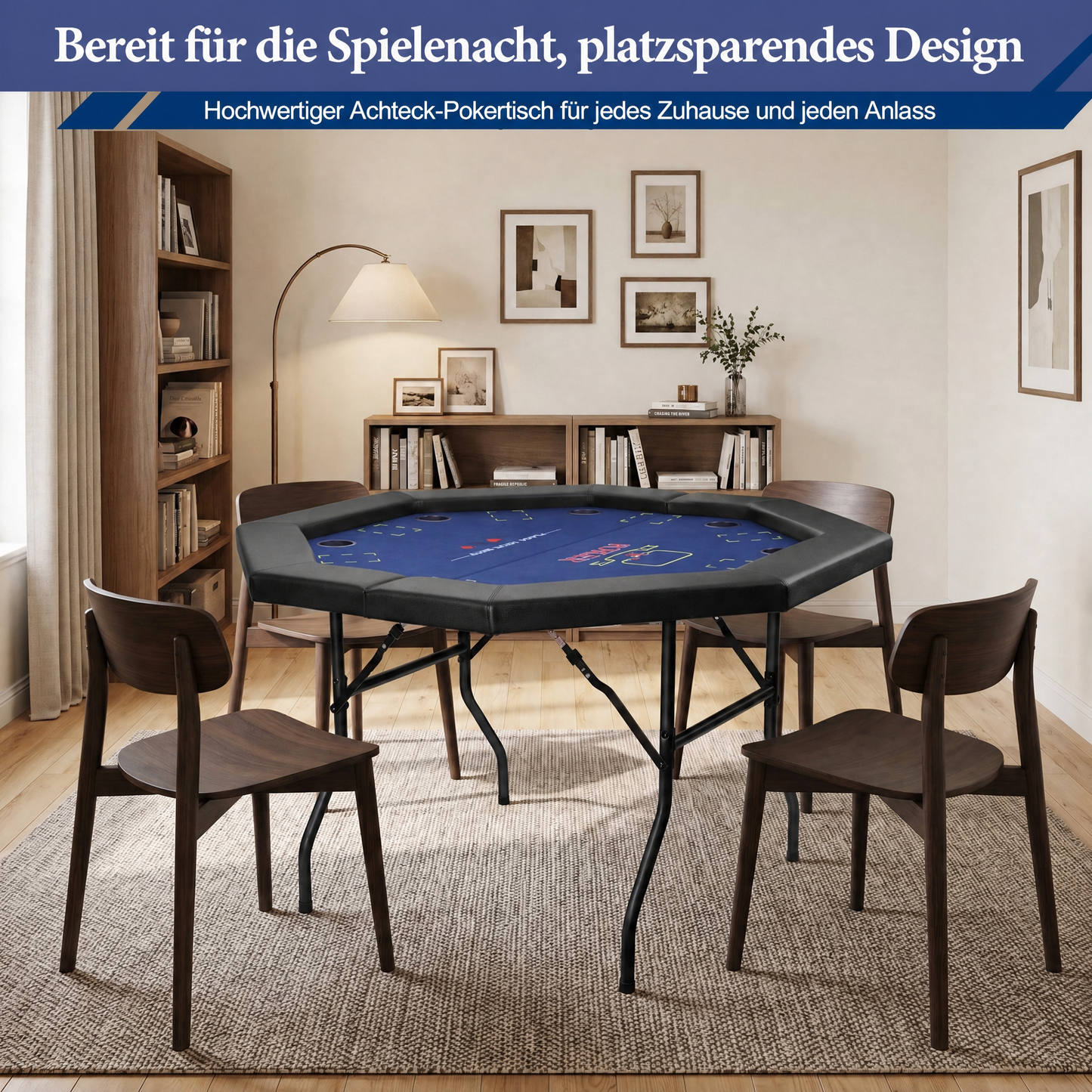 Hyner Pokertisch 122cm, 8 Spieler Achteckig Klappbar Becherhalter Armlehnen Beine faltbar, stabiles Metallgestell, glatte Oberfläche, leicht zu reinigen, platzsparend verstaubar, ideal für Familie