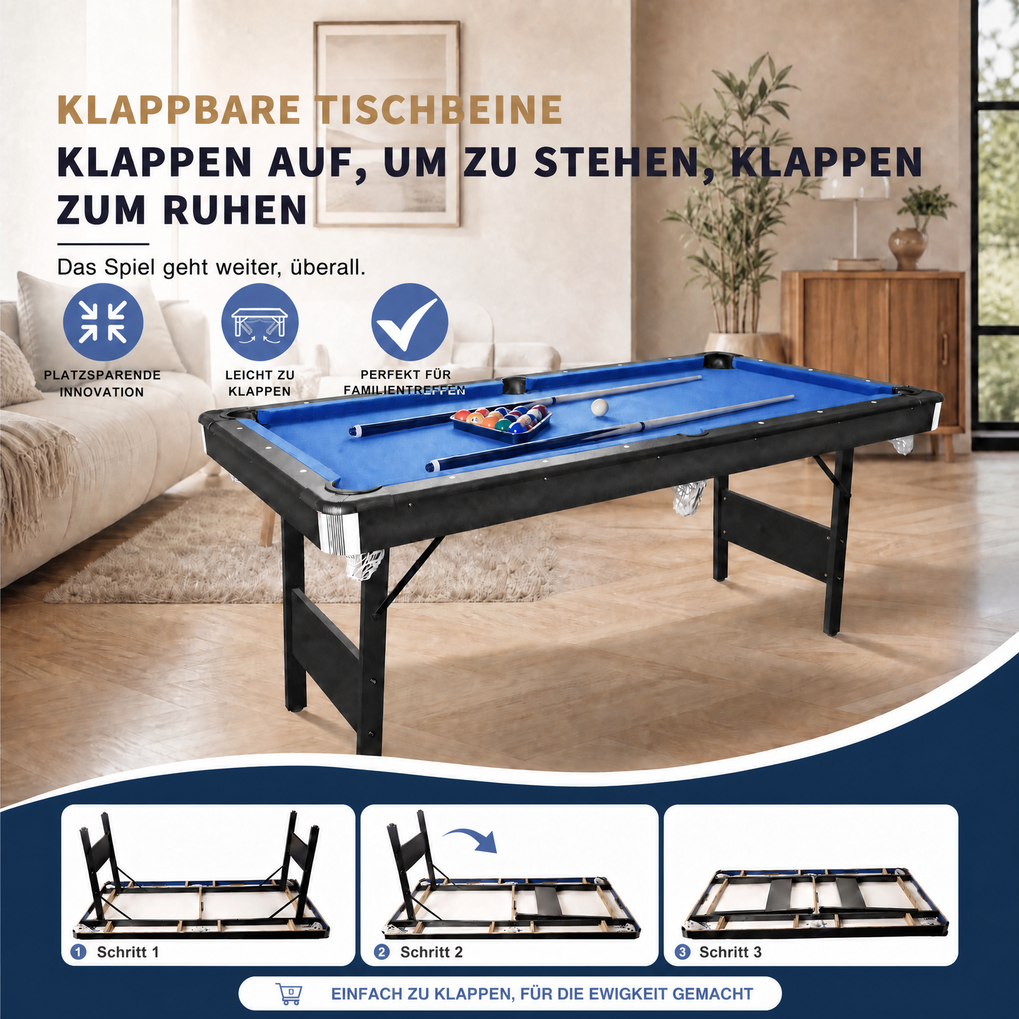 Hyner Billardtisch Klappbar, Pool Billardtisch, Snooker, Multifunktionstisch Spieltisch mit Zubehör, Geeignet für Zuhause.