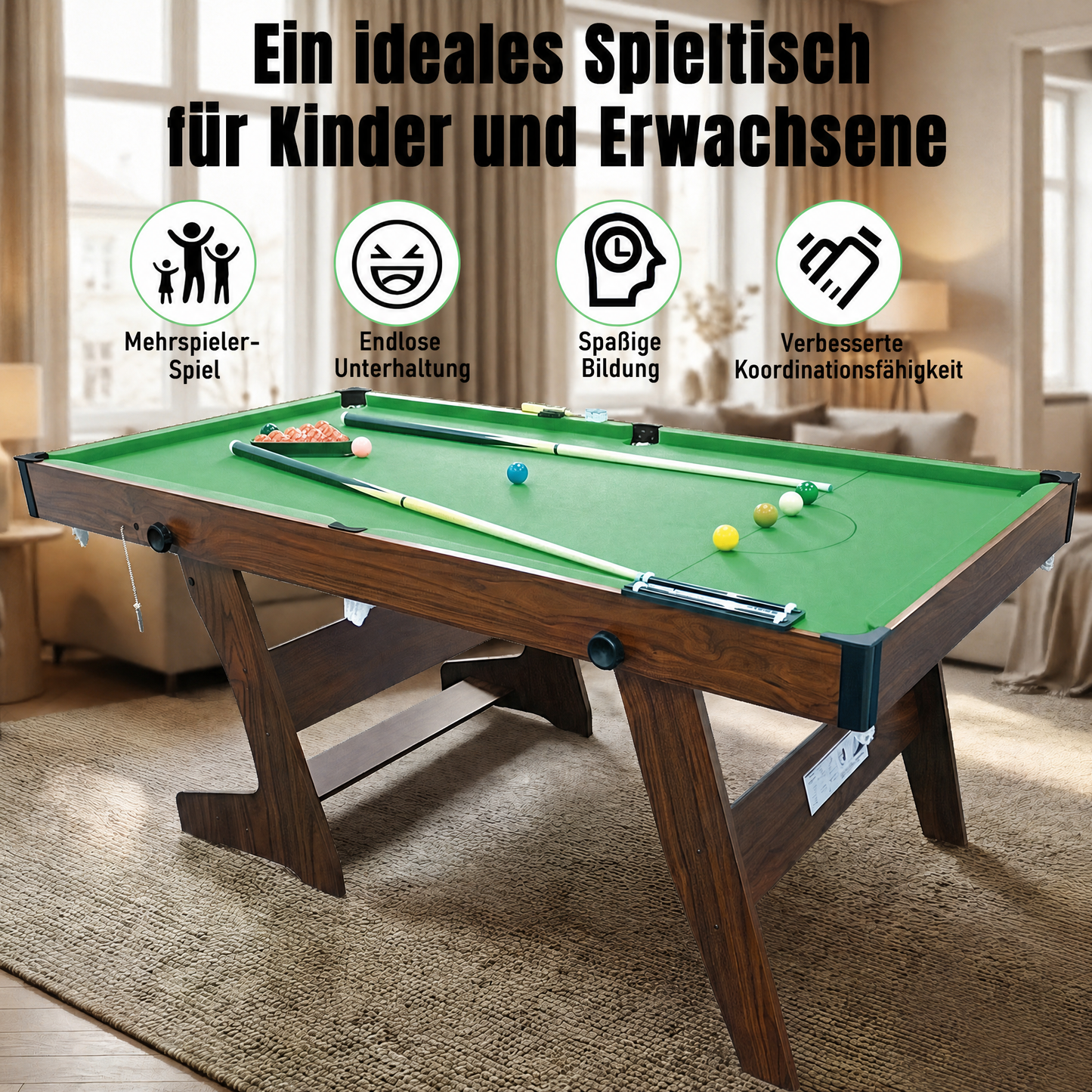 Hyner Klappbarer Billardtisch 183cm, Platzsparender Pool Tisch mit Zubehör