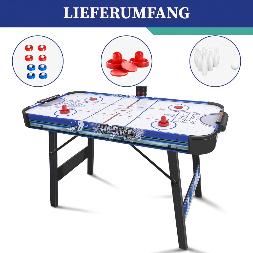 Hyner Klappbarer Airhockey Tisch 130cm,3-in-1 Hockey,Bowling,Shuffleboard Luftkissen-Effekt,schneller Aufbau,inkl. Zubehör & manueller Punkteanzeige,platzsparend,für Familie