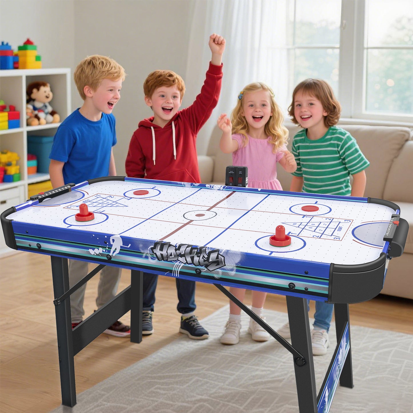 Hyner Klappbarer Airhockey Tisch 130cm,3-in-1 Hockey,Bowling,Shuffleboard Luftkissen-Effekt,schneller Aufbau,inkl. Zubehör & manueller Punkteanzeige,platzsparend,für Familie