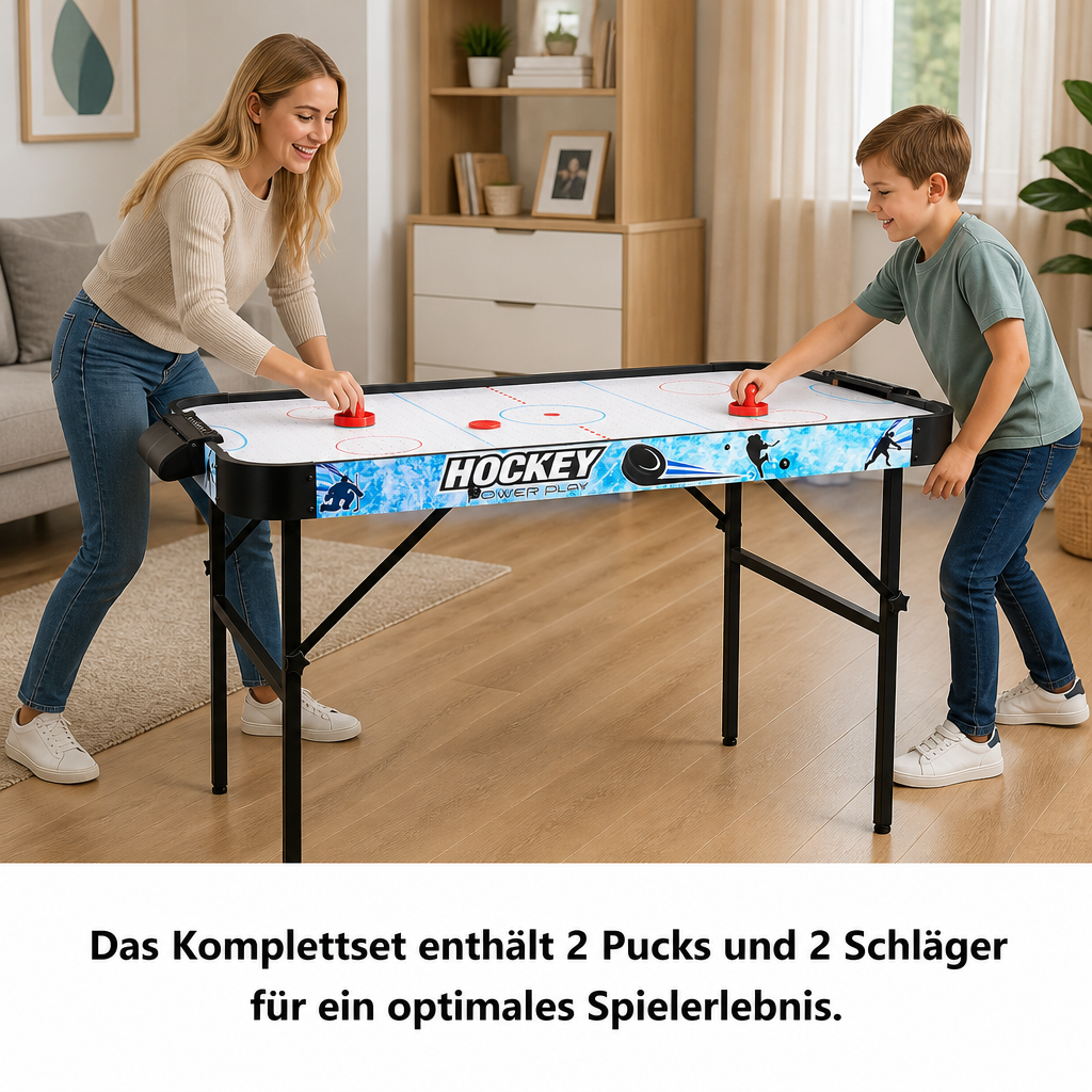 Hyner Air Hockey Tisch 138cm Klappbar, Tisch Eishockey mit Zubehör, Indoor,Mikroperforierte Fläche, Stehhöhe mit Beinen, Luftkissen-Technik, robuste Holzwerkstoffe, ideal für Familienabende