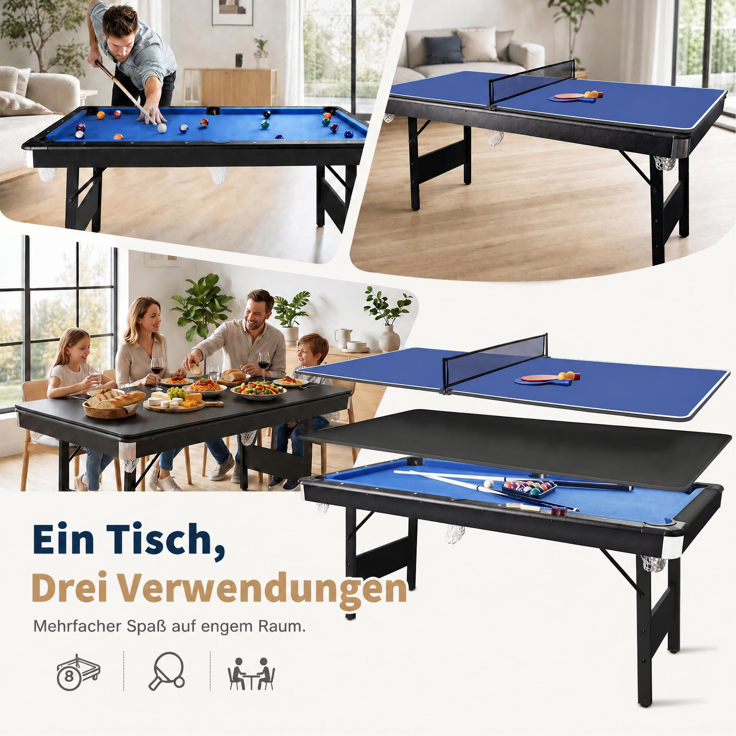 Hyner Billardtisch Klappbar, Pool Billardtisch, Snooker, Multifunktionstisch Spieltisch mit Zubehör, Geeignet für Zuhause.