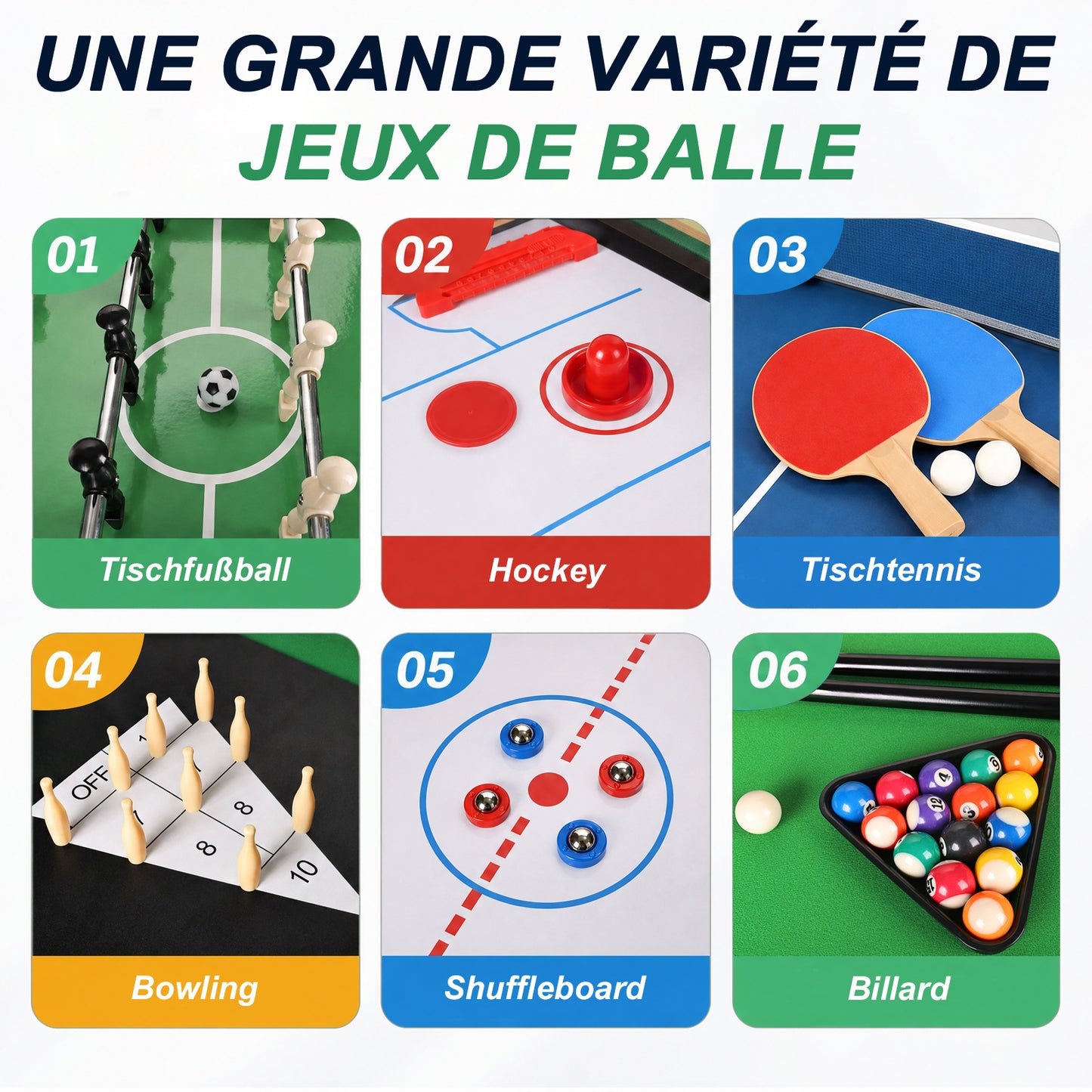 Hyner 10-in-1 Multiplay-Tisch mit Tischfußball, Tischtennis, Billardtisch, Air Hockey und mehr. Maße 121 × 61 × 73 cm, geeignet für Erwachsene und Kinder.