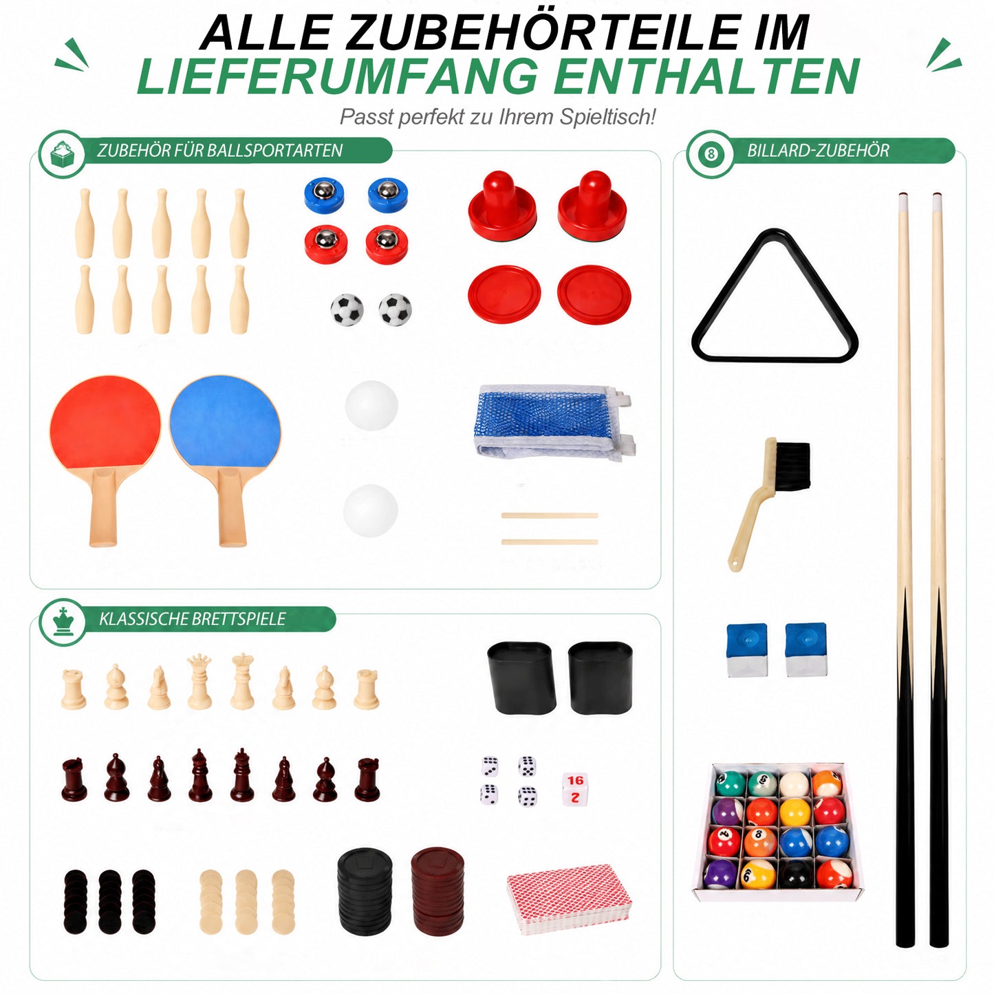Hyner 10-in-1 Multiplay-Tisch mit Tischfußball, Tischtennis, Billardtisch, Air Hockey und mehr. Maße 121 × 61 × 73 cm, geeignet für Erwachsene und Kinder.